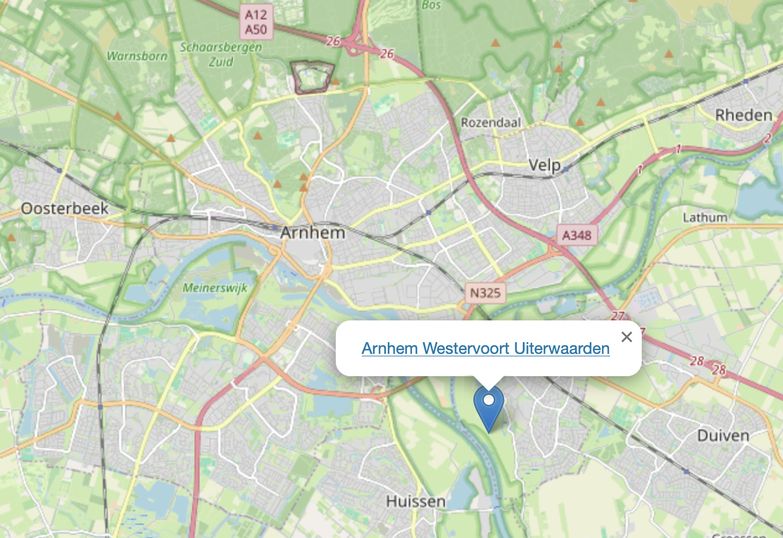 Vliegerkaart van Arnhem met Westervoort Uiterwaarden als mogelijke locatie om te vliegeren